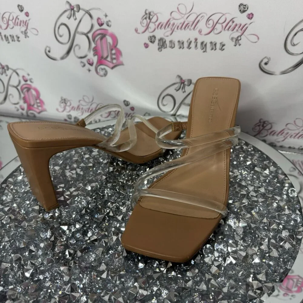 Bcbgeneration heels clear tan mules cute shoes fisher block heel beige strappy